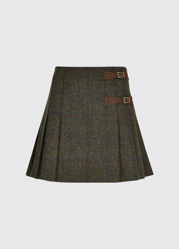 Dubarry women's Blossom Tweed Skirt in the colour Hemlock. A pleated skirt with a polo and light knit and two buckled leather tabs.