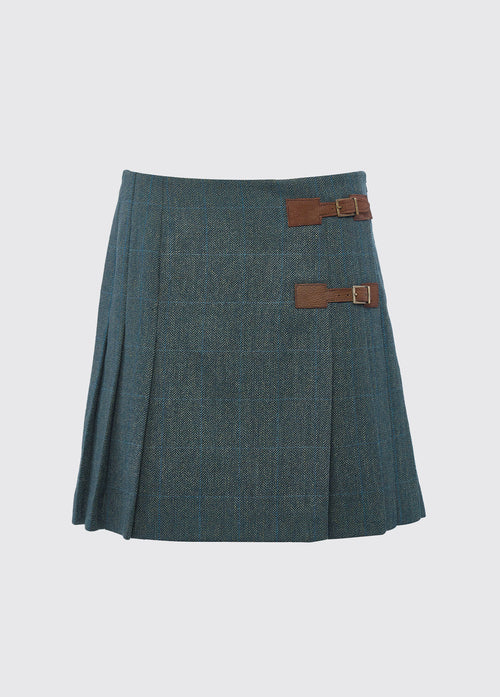Dubarry women's Blossom Tweed Mist Skirt with two buckled leather tabs and stitched down knife pleats.