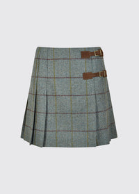 Dubarry women's Blossom Tweed Sorrel Skirt with two buckled leather tabs and stitched down knife pleats.