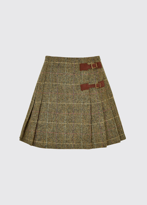 Dubarry women's Blossom Tweed Thistle Skirt with stitched-down knife pleats on each side and two buckled leather tabs.