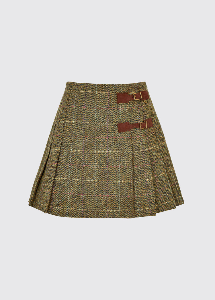 Dubarry women's Blossom Tweed Thistle Skirt with stitched-down knife pleats on each side and two buckled leather tabs.