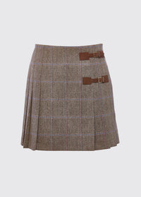 Dubarry women's Blossom Tweed Skirt in the colour WoodRose. A pleated skirt with a polo and light knit and two buckled leather tabs.