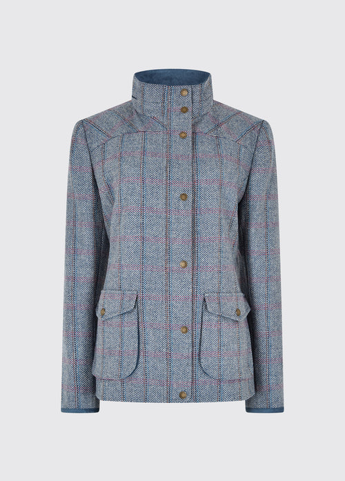 Dubarry women's Betony Tweed Denim Haze Jacket with cargo pockets, striped sleeve lining and snapped placket covers front zip.
