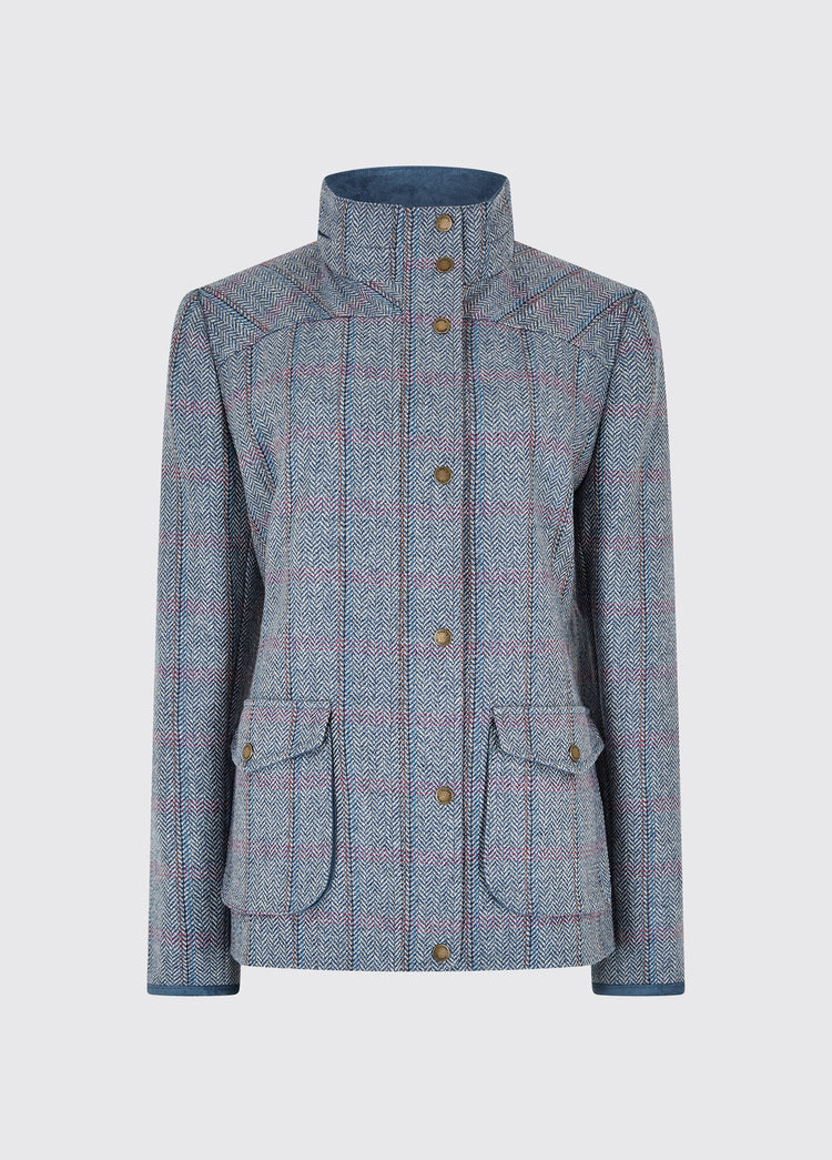 Dubarry women's Betony Tweed Denim Haze Jacket with cargo pockets, striped sleeve lining and snapped placket covers front zip.