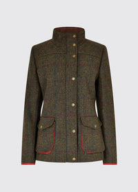 Dubarry women's Betony Tweed Hemlock Coat with cast metal buttons, full-length zip and stand-up collar.