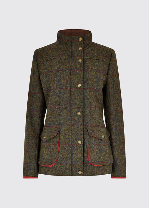 Dubarry women's Betony Tweed Hemlock Coat with cast metal buttons, full-length zip and stand-up collar.