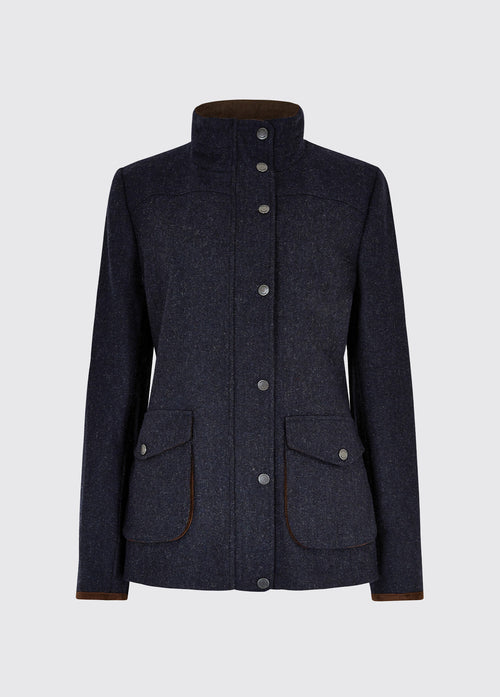Dubarry women's Betony Tweed Navy Jacket with striped sleeve lining, cargo pockets and lined collar.