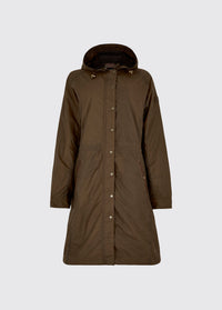 A ginger brown Dubarry Redington Wax coat, longer length coat with  full zip.