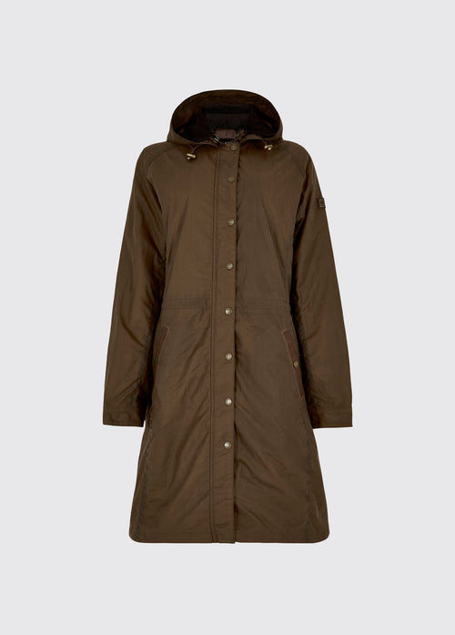 A ginger brown Dubarry Redington Wax coat, longer length coat with  full zip.
