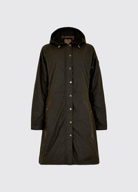An image of a black brown Dubarry Redington Wax coat, longer length coat with  full zip. 