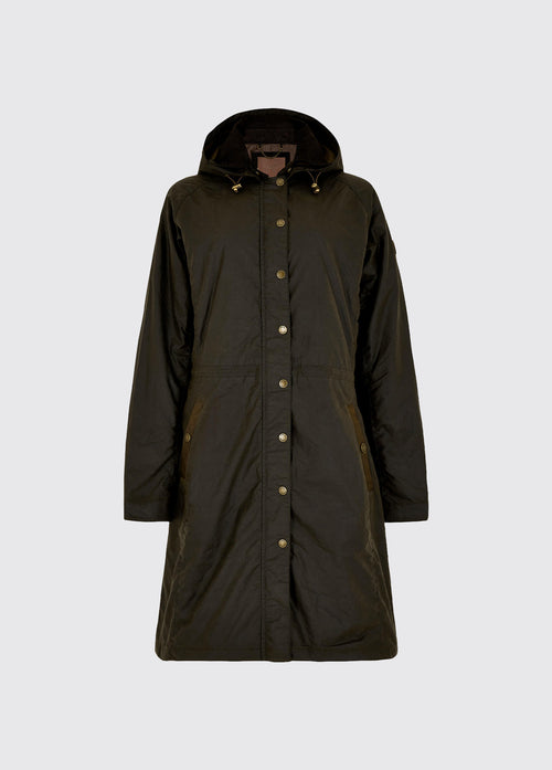 An image of a black brown Dubarry Redington Wax coat, longer length coat with  full zip. 