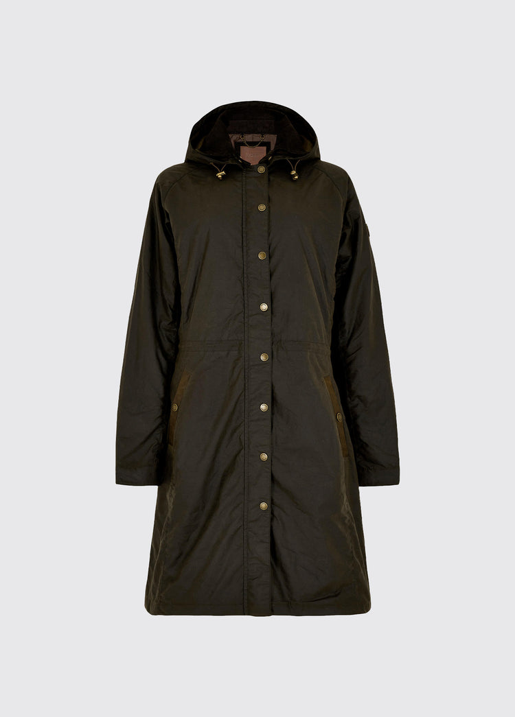 An image of a black brown Dubarry Redington Wax coat, longer length coat with  full zip. 