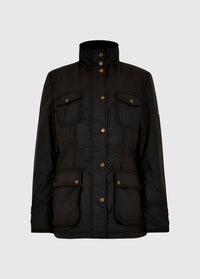 Waist up view of a black Dubarry Munsboro wax jacket, high collared jacket with golden buttons, pockets and full zip