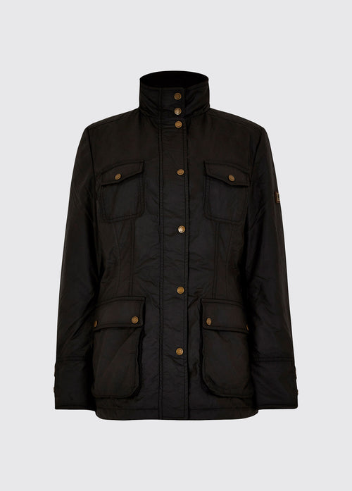 Waist up view of a black Dubarry Munsboro wax jacket, high collared jacket with golden buttons, pockets and full zip