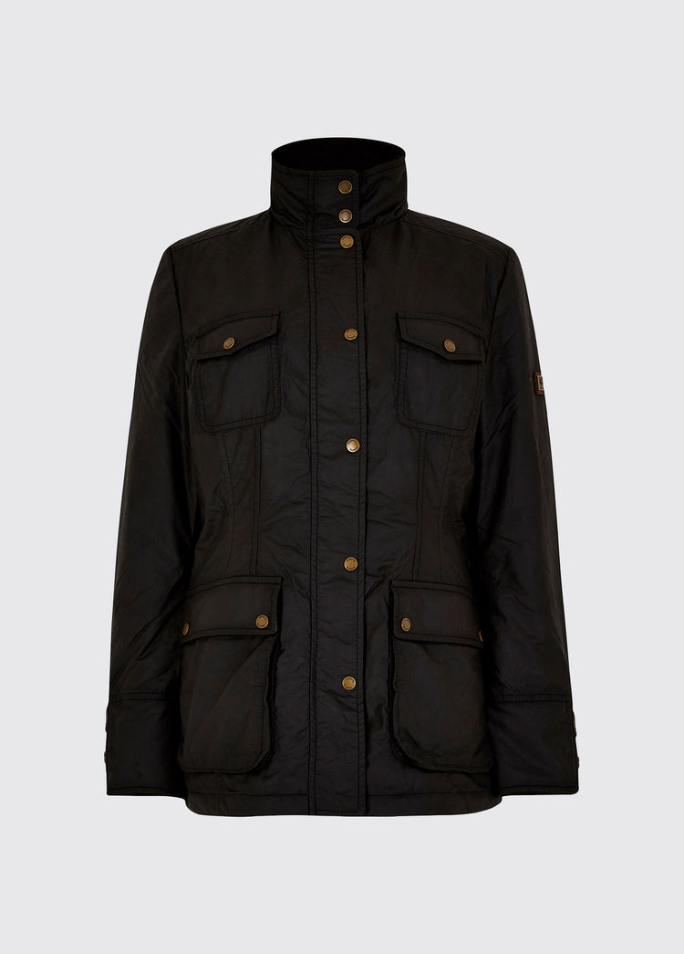 Waist up view of a black Dubarry Munsboro wax jacket, high collared jacket with golden buttons, pockets and full zip