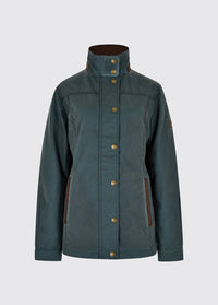 A Dubarry Mountrath Waxed jacket, dark pebble green blue coloured jacket with full zip and buttons, brown edged pockets, inner collar and brown inside collar