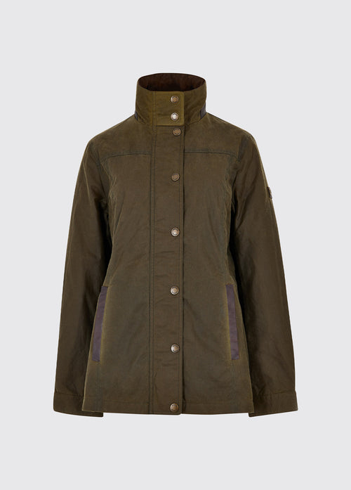 A Dubarry Mountrath Waxed jacket, fennel coloured jacket with full zip and buttons, brown edged pockets, inner collar and brown inside collar