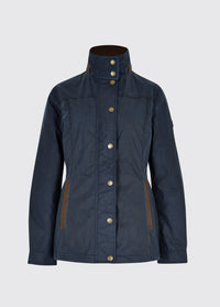 A Dubarry Mountrath Waxed jacket, ocean blue coloured jacket with full zip and buttons, brown edged pockets