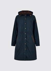 An image of a storm blue Dubarry Redington Wax coat, longer length coat with  full zip. 