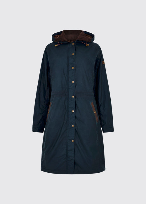 An image of a storm blue Dubarry Redington Wax coat, longer length coat with  full zip. 
