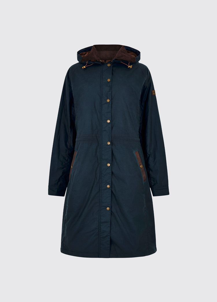 An image of a storm blue Dubarry Redington Wax coat, longer length coat with  full zip. 