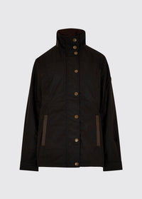 A Dubarry Mountrath Waxed jacket, black jacket with full zip and buttons, brown edged pockets