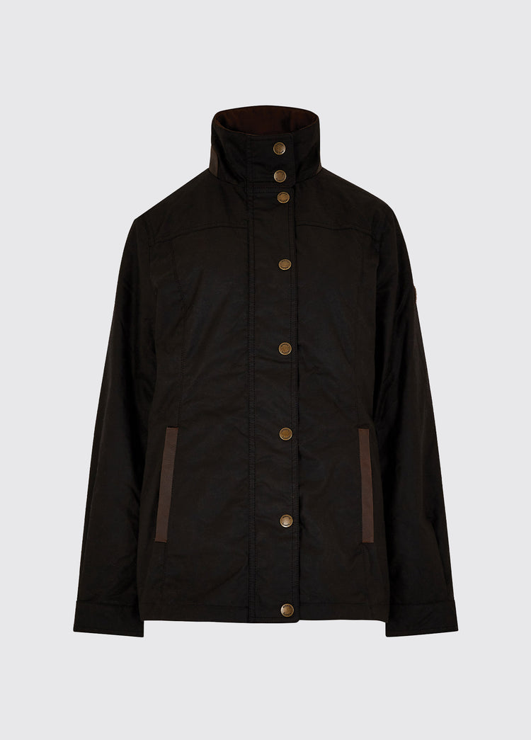 A Dubarry Mountrath Waxed jacket, black jacket with full zip and buttons, brown edged pockets
