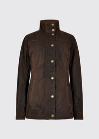 Waist up view of a Dubarry Mountrath java brown coloured waxed jacket closed, with full zip and buttons. 