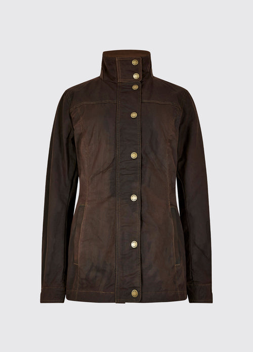 Waist up view of a Dubarry Mountrath java brown coloured waxed jacket closed, with full zip and buttons. 