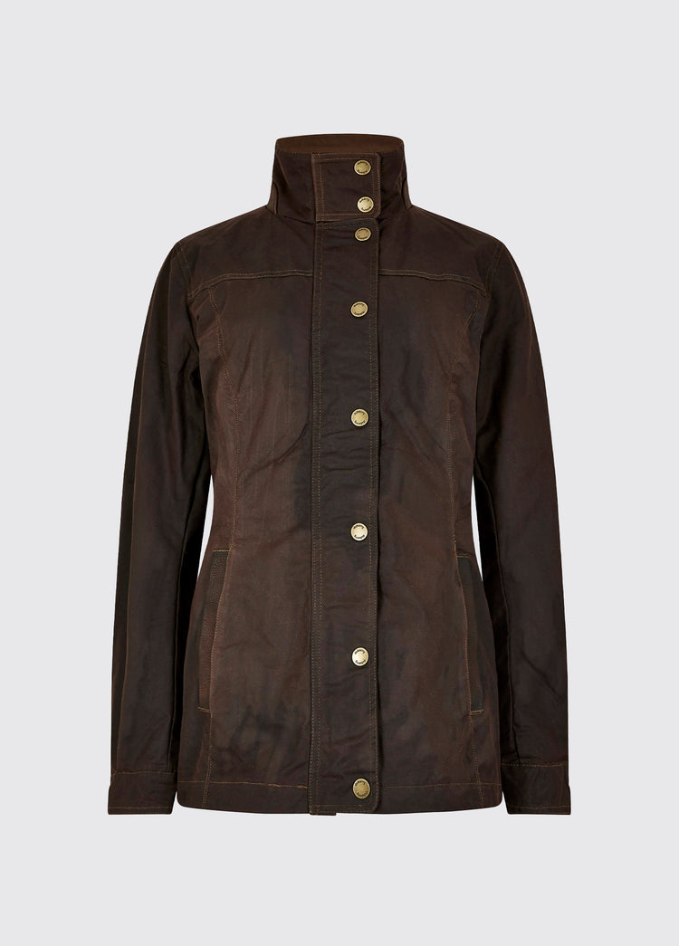 Waist up view of a Dubarry Mountrath java brown coloured waxed jacket closed, with full zip and buttons. 