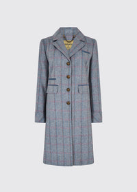 Dubarry women's Blackthorn Tweed Denim Haze Coat. A three-quarter-length tailored jacket with metal buttons and 100% wool.