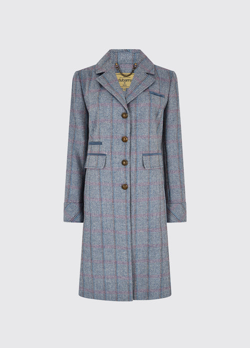 Dubarry women's Blackthorn Tweed Denim Haze Coat. A three-quarter-length tailored jacket with metal buttons and 100% wool.