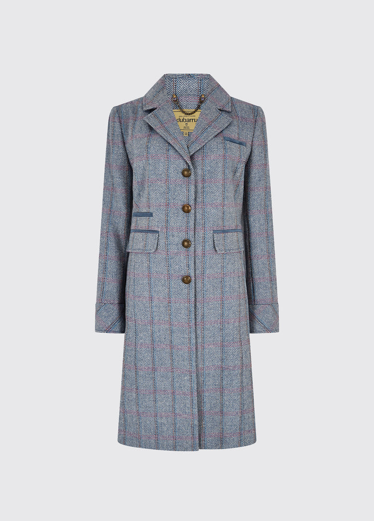 Dubarry women's Blackthorn Tweed Denim Haze Coat. A three-quarter-length tailored jacket with metal buttons and 100% wool.