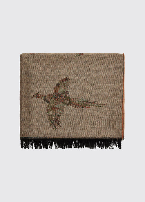 Dubarry women's Birchdale Tweed Taupe Stole. A stole with 100% wool and unique design of a bird