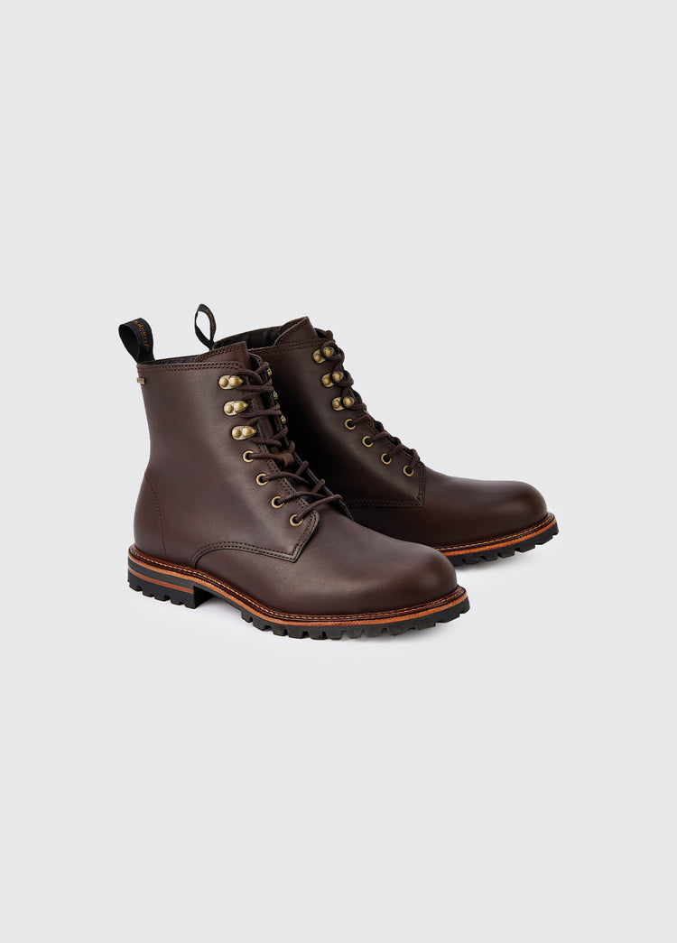 A pair of Dubarry Laois boot, mahogany brown men's laced leather ankle boots with ski hooks and heel finger pull