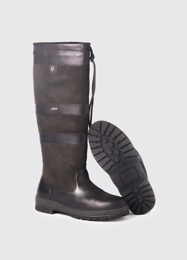 Pair of Dubarry Mens knee-high black leather Galway Country Boot with laced top with one boot sole showing