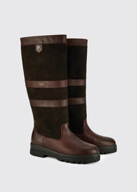 A pair of full length Dubarry mens Kilternan Country Boots, black and brown ski style leather boot 