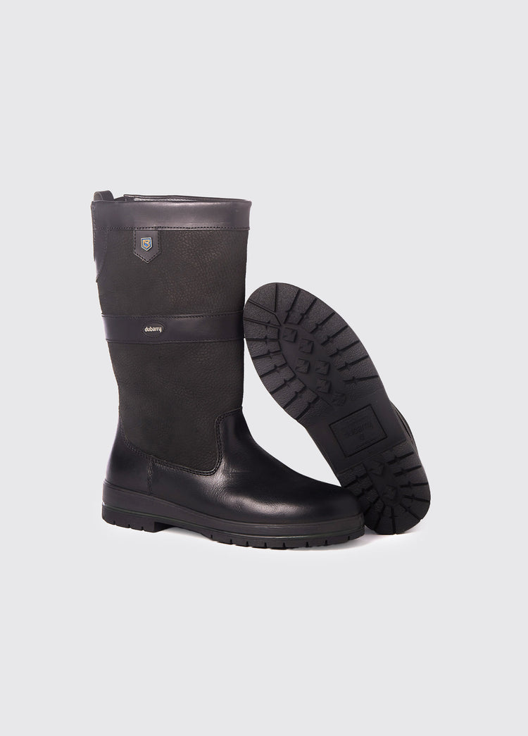 Pair of Dubarry mens Kildare black leather calf height country boots with one boot angled to display the sole  