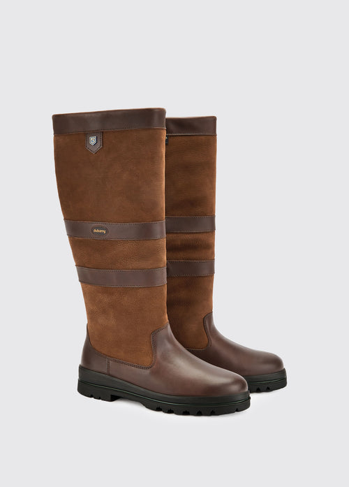 A pair of full length Dubarry mens Kilternan Country Boots, walnut coloured ski style leather boot 