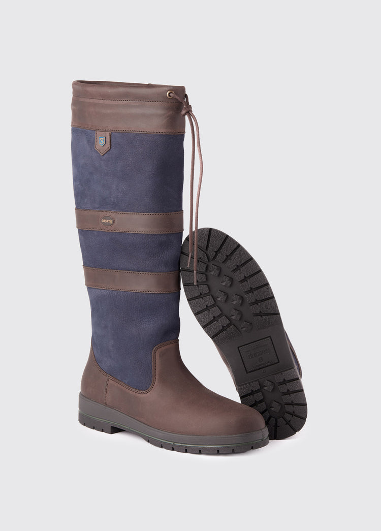Dubarry mens knee-high navy and brown leather Galway Country Boot with laced top and wider calf fit with one boot sole showing