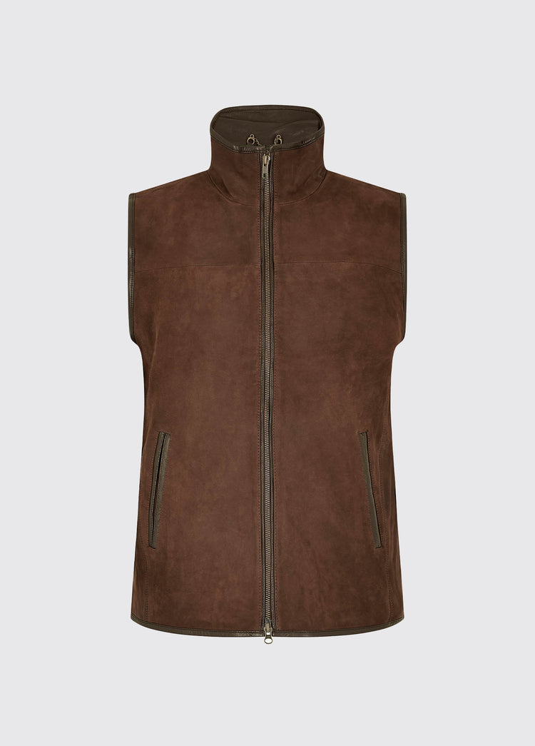 Dubarry Dunhill walnut brown coloured gilet leather jacket with centre zip and pockets