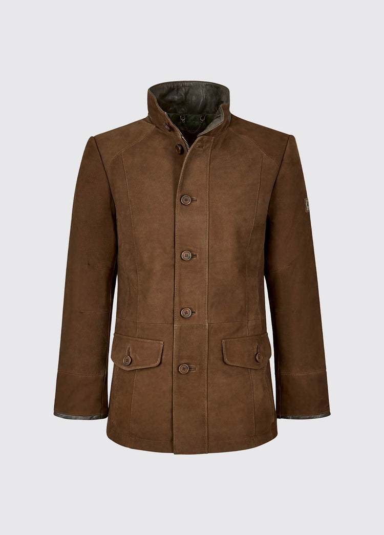 A men's Dubarry Moore Walnut coloured leather jacket , the jacket is closed, showcasing the stand up collar , zip, quilited lining, pockets and buttons