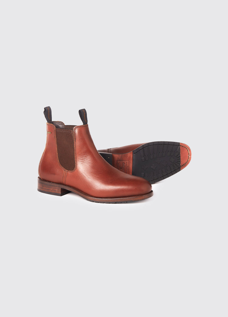 Pair of Dubarry Kerry Chelsea Boot for men, chestnut coloured leather with elasticated side gussets with front and heel finger pulls, boots are displayed to show one boot's sole