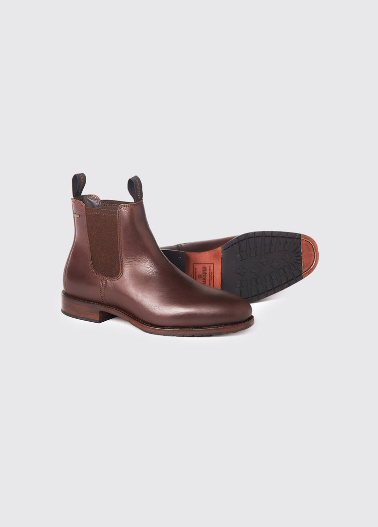 Pair of Dubarry Kerry Chelsea Boot for men, Mahogany coloured leather with elasticated side gussets with front and heel finger pulls, boots are displayed to show one boot's sole