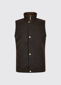A Dubarry Mayfly wax gilet jacket for men. Java brown coloured gilet with full zipped up with buttons along the zip 