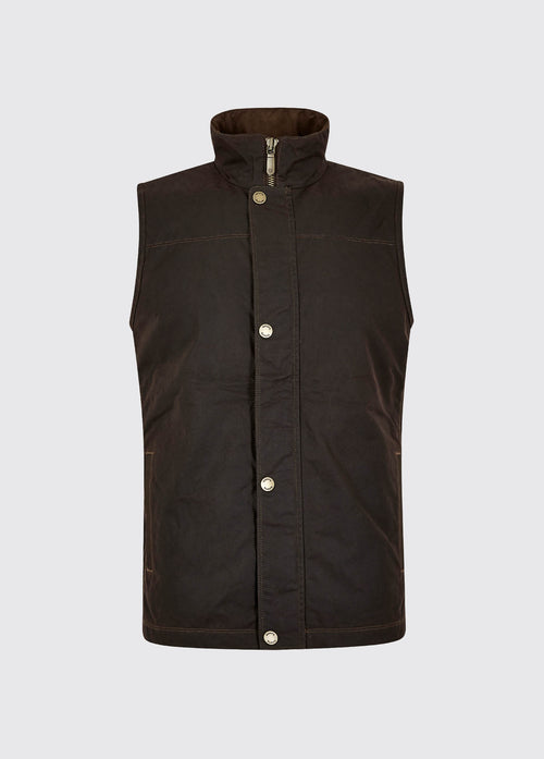 A Dubarry Mayfly wax gilet jacket for men. Java brown coloured gilet with full zipped up with buttons along the zip 