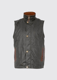 A Dubarry Mayfly wax gilet jacket for men. Java brown coloured gilet with full zipped up with buttons along the zip, the gilet collar is a lighter shade of brown on inside of collar