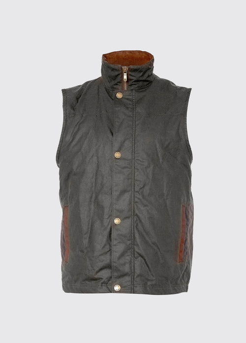 A Dubarry Mayfly wax gilet jacket for men. Java brown coloured gilet with full zipped up with buttons along the zip, the gilet collar is a lighter shade of brown on inside of collar