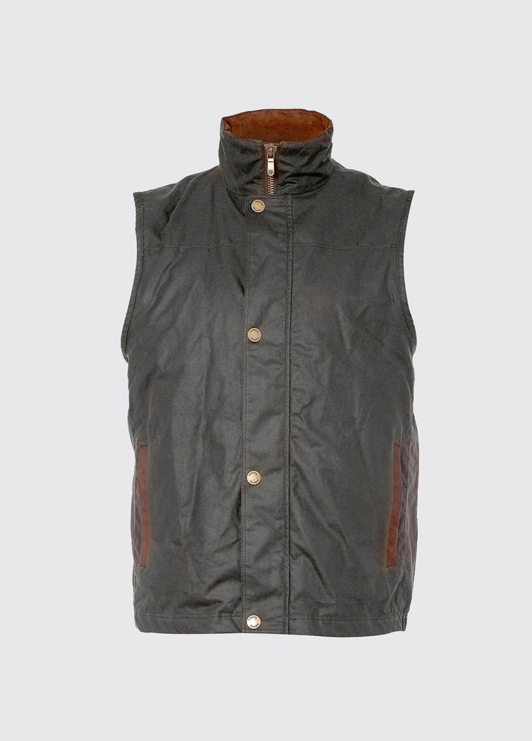A Dubarry Mayfly wax gilet jacket for men. Java brown coloured gilet with full zipped up with buttons along the zip, the gilet collar is a lighter shade of brown on inside of collar