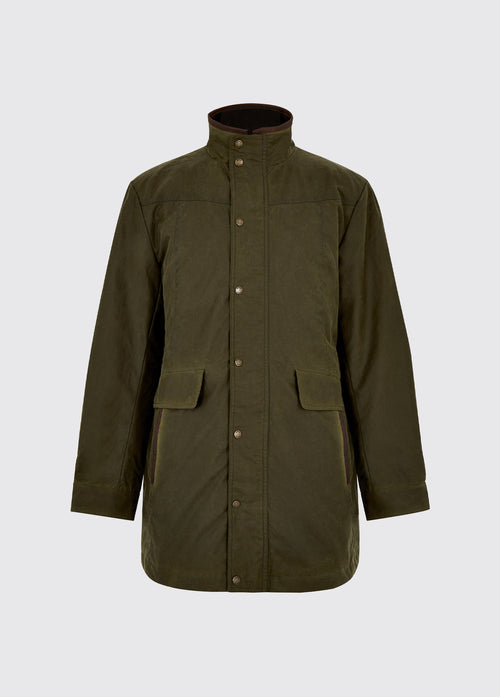 A men's Dubarry longer length wax jacket, fennel colour with leather details, a full zip, buttons and pockets